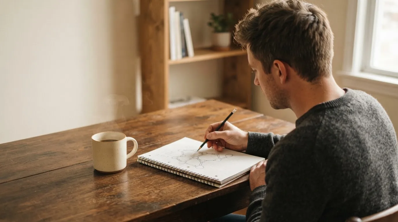 Mann som sitter ved et skrivebord med et notatbrett og kaffe og studerer en enkel tegning av en kjede, rolig stemning